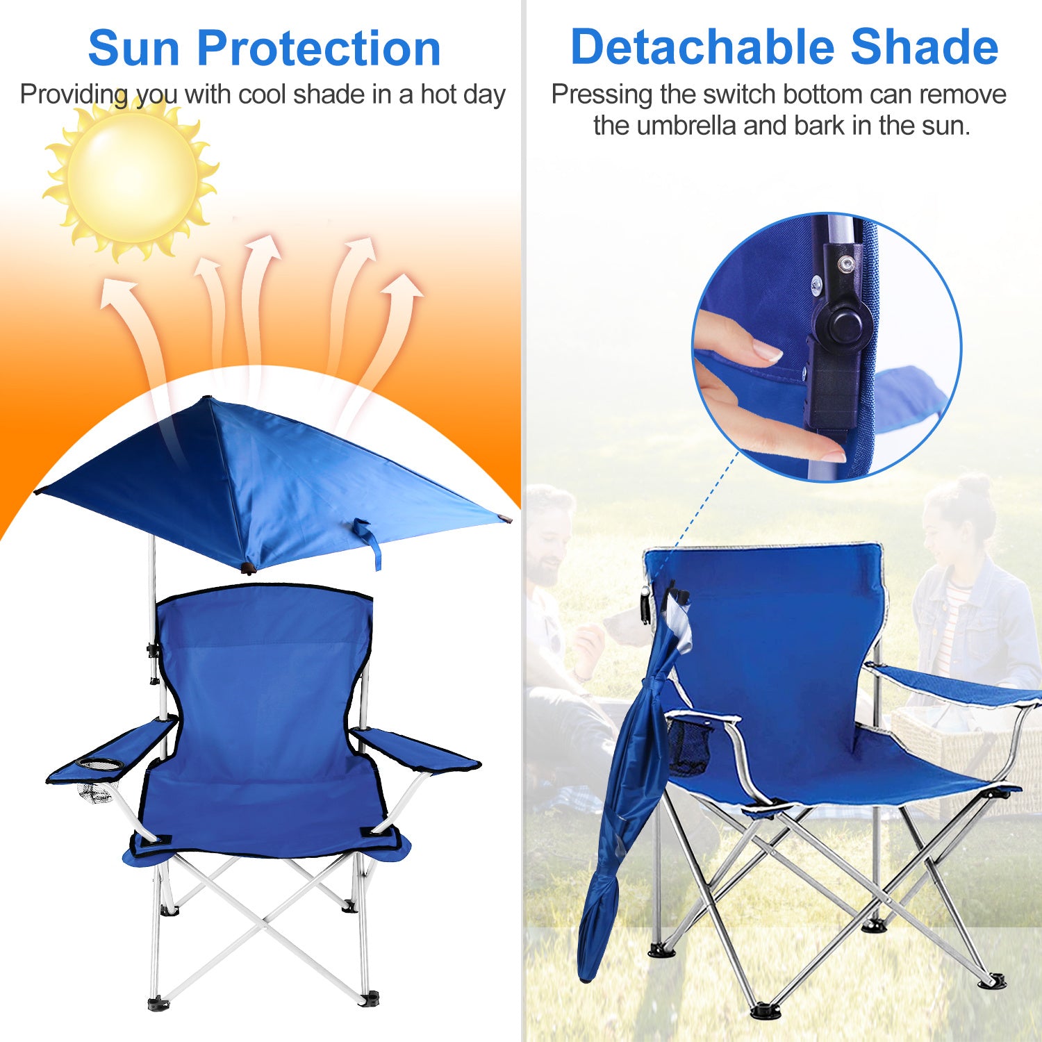 Foldable Beach Chair with Detachable Umbrella Armrest Adjustable Canopy Stool with Cup Holder Carry Bag for Camping Poolside Travel Picnic Lawn Chair Doba